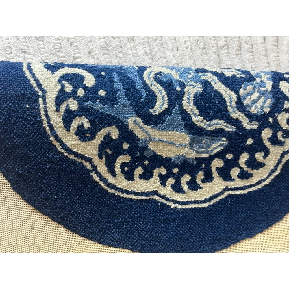 Vintage Hand Stitched Needlepoint Canvas Blue White Koi Fish Medallion